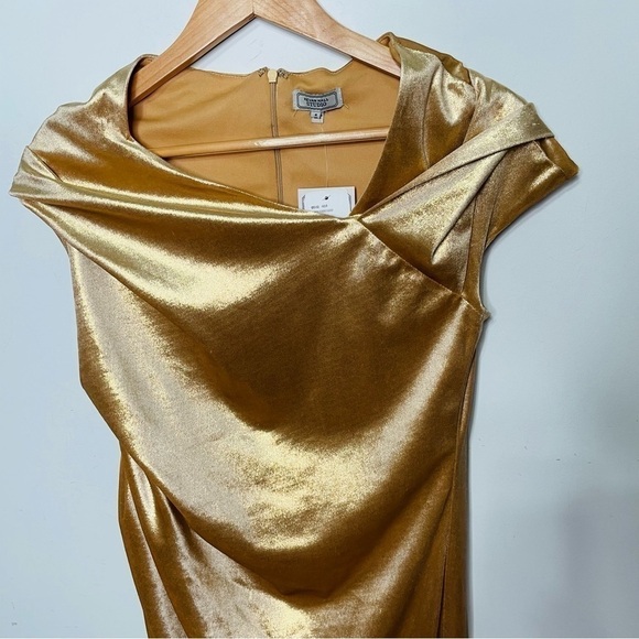 Metallic Gold Shimmer Holiday Draped Velour Ruched Fitted Asymmetrical Dress - Picture 3 of 12